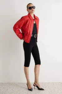 TRENDYOLMİLLA Red Regular Pattern Elastic Waist Faux Leather Jacket Coat - Image 2