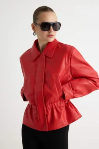 TRENDYOLMİLLA Red Regular Pattern Elastic Waist Faux Leather Jacket Coat - Image 3