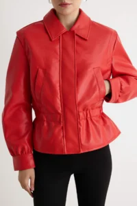 TRENDYOLMİLLA Red Regular Pattern Elastic Waist Faux Leather Jacket Coat - Image 4
