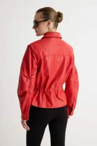 TRENDYOLMİLLA Red Regular Pattern Elastic Waist Faux Leather Jacket Coat - Image 5