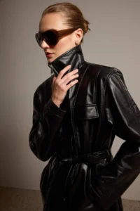 TRENDYOLMİLLA Black Regular Pattern Belt Detailed Faux Leather Jacket Coat