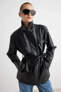TRENDYOLMİLLA Black Regular Pattern Belt Detailed Faux Leather Jacket Coat - Image 3