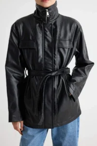 TRENDYOLMİLLA Black Regular Pattern Belt Detailed Faux Leather Jacket Coat - Image 4