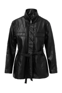 TRENDYOLMİLLA Black Regular Pattern Belt Detailed Faux Leather Jacket Coat - Image 6