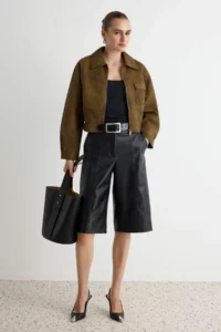 TRENDYOLMİLLA Black Regular Pattern Wash Effect Suede Biker Jacket Coat - Image 2
