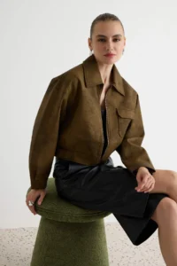 TRENDYOLMİLLA Black Regular Pattern Wash Effect Suede Biker Jacket Coat - Image 3