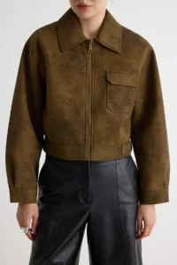 TRENDYOLMİLLA Black Regular Pattern Wash Effect Suede Biker Jacket Coat - Image 4