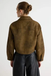 TRENDYOLMİLLA Black Regular Pattern Wash Effect Suede Biker Jacket Coat - Image 5