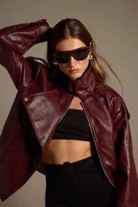 TRENDYOLMİLLA Burgundy Oversized Pattern Stand Collar Faux Leather Bomber Jacket Jacket Coat