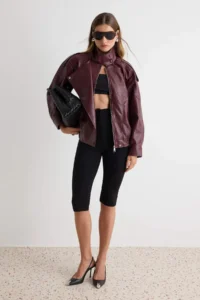 TRENDYOLMİLLA Burgundy Oversized Pattern Stand Collar Faux Leather Bomber Jacket Jacket Coat - Image 2