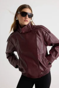 TRENDYOLMİLLA Burgundy Oversized Pattern Stand Collar Faux Leather Bomber Jacket Jacket Coat - Image 3