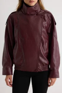TRENDYOLMİLLA Burgundy Oversized Pattern Stand Collar Faux Leather Bomber Jacket Jacket Coat - Image 4