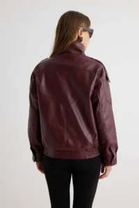 TRENDYOLMİLLA Burgundy Oversized Pattern Stand Collar Faux Leather Bomber Jacket Jacket Coat - Image 5