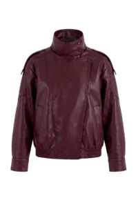 TRENDYOLMİLLA Burgundy Oversized Pattern Stand Collar Faux Leather Bomber Jacket Jacket Coat - Image 6