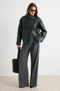 TRENDYOLMİLLA Khaki Oversized Pattern Stand Collar Faux Leather Bomber Jacket Jacket Coat - Image 2