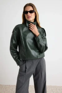 TRENDYOLMİLLA Khaki Oversized Pattern Stand Collar Faux Leather Bomber Jacket Jacket Coat - Image 3