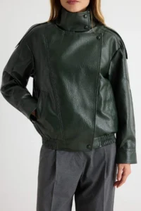 TRENDYOLMİLLA Khaki Oversized Pattern Stand Collar Faux Leather Bomber Jacket Jacket Coat - Image 4