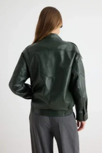 TRENDYOLMİLLA Khaki Oversized Pattern Stand Collar Faux Leather Bomber Jacket Jacket Coat - Image 5
