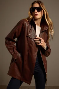 TRENDYOLMİLLA Brown Oversized Pattern Beli Adjustable Faux Leather Jacket Coat