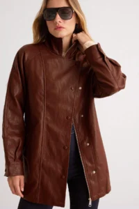 TRENDYOLMİLLA Brown Oversized Pattern Beli Adjustable Faux Leather Jacket Coat - Image 3