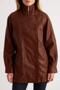 TRENDYOLMİLLA Brown Oversized Pattern Beli Adjustable Faux Leather Jacket Coat - Image 4
