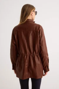 TRENDYOLMİLLA Brown Oversized Pattern Beli Adjustable Faux Leather Jacket Coat - Image 5