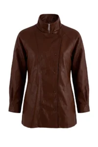 TRENDYOLMİLLA Brown Oversized Pattern Beli Adjustable Faux Leather Jacket Coat - Image 6
