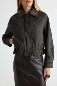 TRENDYOLMİLLA Black Regular Pattern Leather Collar Suede Bomber Jacket Jacket Coat - Image 4