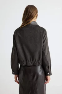 TRENDYOLMİLLA Black Regular Pattern Leather Collar Suede Bomber Jacket Jacket Coat - Image 5