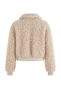 TRENDYOLMİLLA Beige Oversized Pattern Plush Fur Elastic Waist Bomber Jacket Coat - Image 10