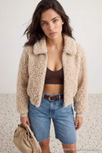 TRENDYOLMİLLA Beige Oversized Pattern Plush Fur Elastic Waist Bomber Jacket Coat - Image 4