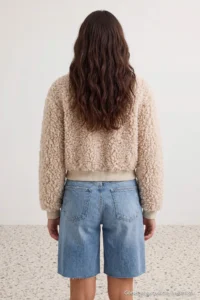 TRENDYOLMİLLA Beige Oversized Pattern Plush Fur Elastic Waist Bomber Jacket Coat - Image 6
