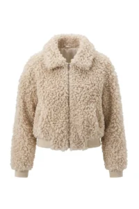 TRENDYOLMİLLA Beige Oversized Pattern Plush Fur Elastic Waist Bomber Jacket Coat - Image 7