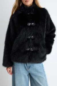 TRENDYOLMİLLA Black Oversized Pattern Faux Fur Coat - Image 3