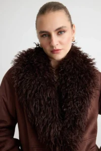 TRENDYOLMİLLA Brown Regular Pattern Collar FURRY Suede Coat - Image 2