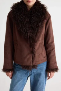 TRENDYOLMİLLA Brown Regular Pattern Collar FURRY Suede Coat - Image 3