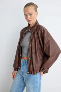 TRENDYOLMİLLA Brown Oversized Pattern Soft Faux Leather Coat