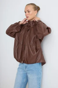 TRENDYOLMİLLA Brown Oversized Pattern Soft Faux Leather Coat - Image 3