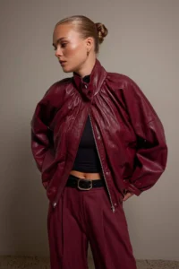 TRENDYOLMİLLA Burgundy Oversized Pattern Soft Faux Leather Coat