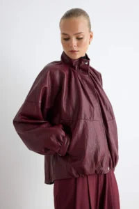 TRENDYOLMİLLA Burgundy Oversized Pattern Soft Faux Leather Coat - Image 2