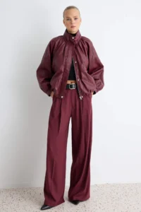 TRENDYOLMİLLA Burgundy Oversized Pattern Soft Faux Leather Coat - Image 3