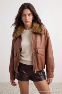 TRENDYOLMİLLA Brown Oversized Pattern Fur Collar Faux Leather Bomber Jacket Coat - Image 2