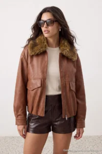 TRENDYOLMİLLA Brown Oversized Pattern Fur Collar Faux Leather Bomber Jacket Coat - Image 3