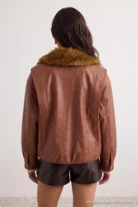 TRENDYOLMİLLA Brown Oversized Pattern Fur Collar Faux Leather Bomber Jacket Coat - Image 5
