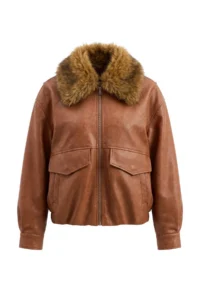 TRENDYOLMİLLA Brown Oversized Pattern Fur Collar Faux Leather Bomber Jacket Coat - Image 6