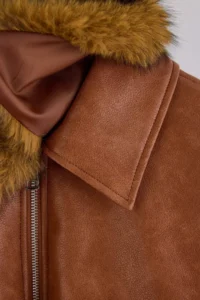 TRENDYOLMİLLA Brown Oversized Pattern Fur Collar Faux Leather Bomber Jacket Coat - Image 7