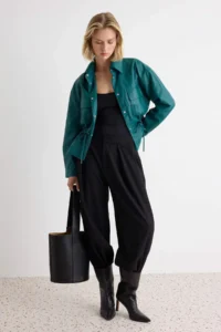 TRENDYOLMİLLA dark Green Regular Pattern Waist Adjustable Soft Faux Leather Jacket Coat - Image 2