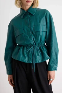 TRENDYOLMİLLA dark Green Regular Pattern Waist Adjustable Soft Faux Leather Jacket Coat - Image 3