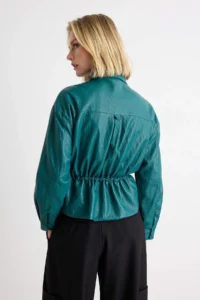 TRENDYOLMİLLA dark Green Regular Pattern Waist Adjustable Soft Faux Leather Jacket Coat - Image 4