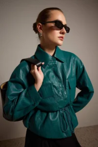 TRENDYOLMİLLA dark Green Regular Pattern Waist Adjustable Soft Faux Leather Jacket Coat - Image 5